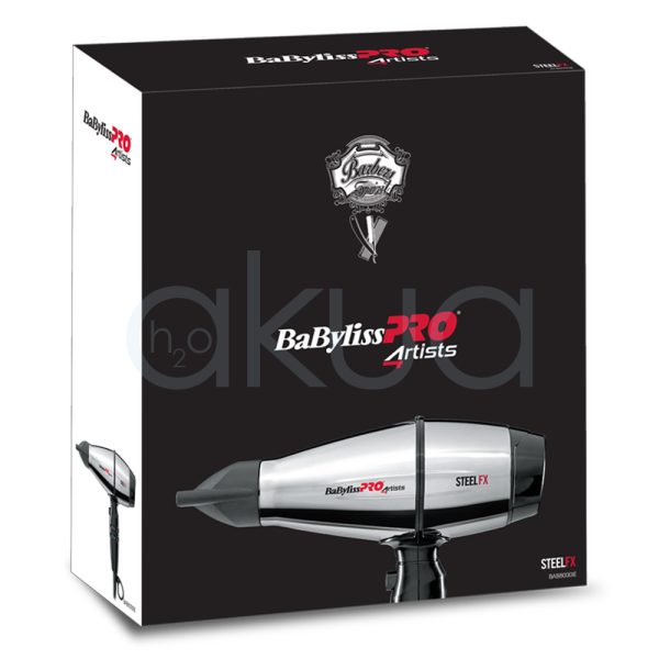 Secador Babyiss pro SteelFX FBAB8000IE El color principal del secador es plateado metálico, con detalles en negro en la boquilla, el mango, los controles y la parte trasera. También se observan pequeños acentos en rojo en el logotipo H2o Akua