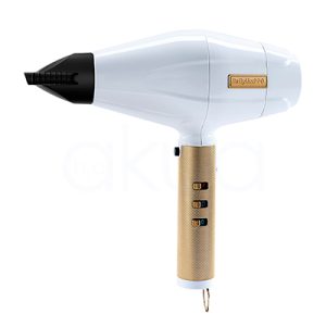 Secador Babyliss pro WhiteFX Dryer FXBDW1E El color principal del secador es blanco metálico, con detalles en negro en la boquilla y en los controles, y acentos dorados en la base del mango y en la placa del logotipo H2o kua