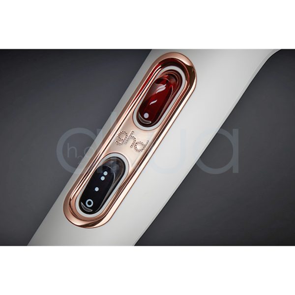 Secador ghd Helios Blanco cuerpo donde predomina el color blanco con detalles en color oro rosado y negro H2o Akua