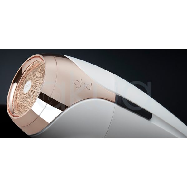 Secador ghd Helios Blanco cuerpo donde predomina el color blanco con detalles en color oro rosado y negro H2o Akua