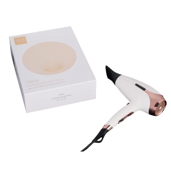 Secador ghd Helios Blanco cuerpo donde predomina el color blanco con detalles en color oro rosado y negro H2o Akua