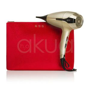 Secador ghd Helios Grand-luxe collection cuerpo de color principal en dorado mate con detalles en negro en la boquilla y cable, boton rojo en mango H2o Akua