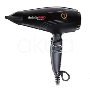 Secador Babyliss pro Rapido BAB7000IE el color predominante es el negro en todo el cuerpo, boquilla y cable. Algunos detalles en blanco, rojo y amarillo en los logotipo H2o Akua