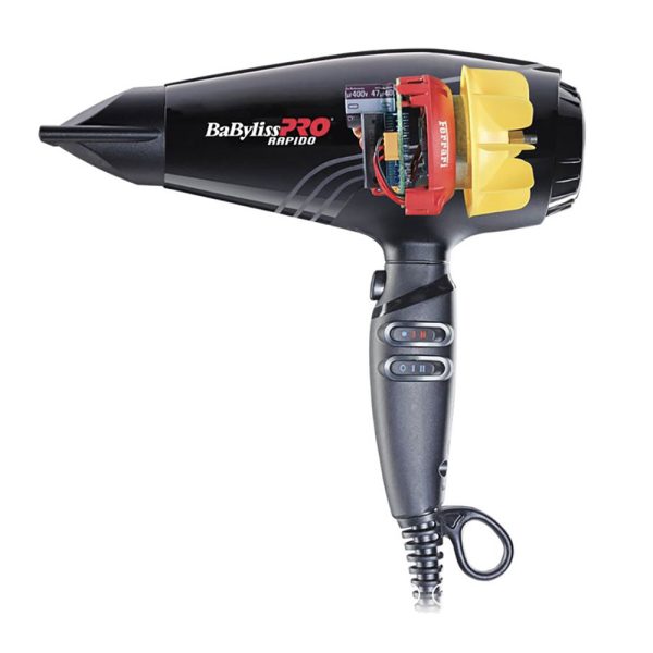 Secador Babyliss pro Rapido BAB7000IE el color predominante es el negro en todo el cuerpo, boquilla y cable. Algunos detalles en blanco, rojo y amarillo en los logotipo H2o Akua