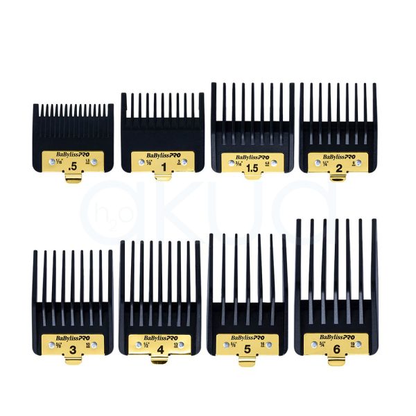 Set 8 Peines guia premium Babyliss pro FXPCGE en color negro con detalles en dorado con material de nailon reforzado con fibra de vidrio H2o Akua