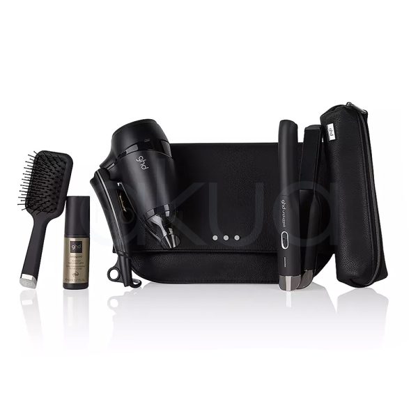 Set de viaje ghd unplugged y flight se compone de plancha sin cable, secador plegable, neceser, cepillo y spray protector del calor. Cuerpo principal en color negro con detalles en plateado H2o Akua