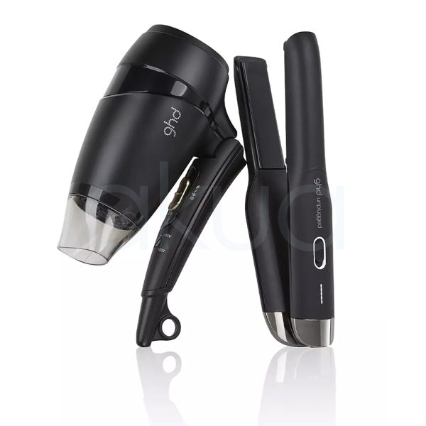 Set de viaje ghd unplugged y flight se compone de plancha sin cable, secador plegable, neceser, cepillo y spray protector del calor. Cuerpo principal en color negro con detalles en plateado H2o Akua