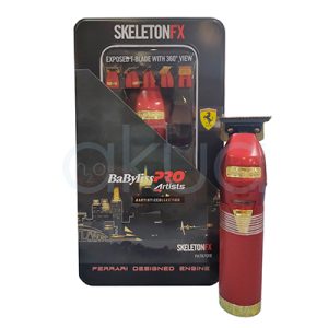 Maquina Skeleton Red Ferrari Babyliss Pro El color predominante es rojo metálico, que cubre la mayor parte del cuerpo y el mango texturizado del dispositivo. Hay detalles en dorado brillante en la cuchilla, el interruptor, una placa decorativa y la base del mango H2o Akua