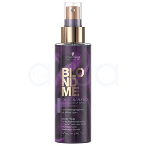Acondicionador Blondme Rubios Fríos Schwarzkopf 150ml de color violeta oscuro con reflejos brillantes y detalles en dorado metálico en el texto principal (“BLONDME”). La parte superior del pulverizador es dorado rosado metálico y el tapón es transparente