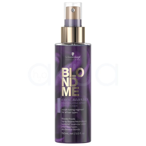 Acondicionador Blondme Rubios Fríos Schwarzkopf 150ml de color violeta oscuro con reflejos brillantes y detalles en dorado metálico en el texto principal (“BLONDME”). La parte superior del pulverizador es dorado rosado metálico y el tapón es transparente