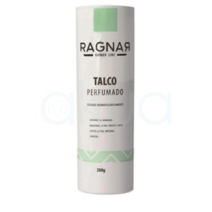 Talco Ragnar Perfumado 200gr De color blanco mate como tono principal. Presenta detalles gráficos y una franja decorativa en la parte inferior en verde menta. H2o Akua