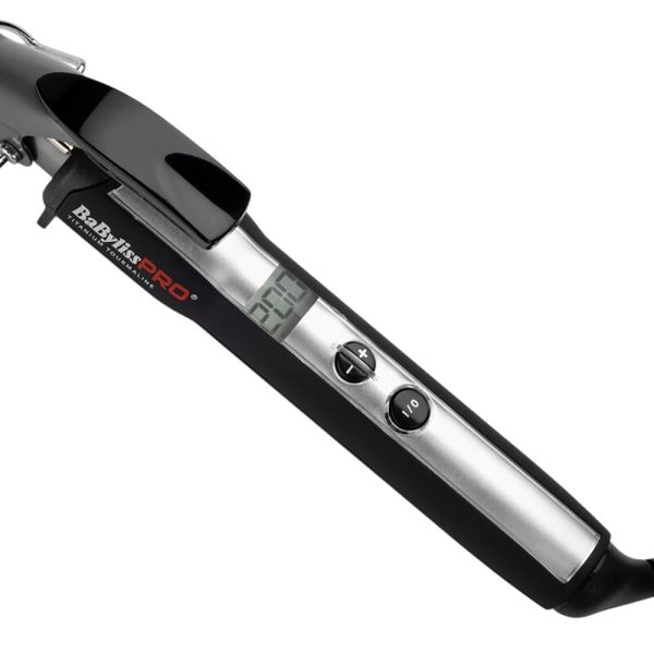Tenacilla Babyliss pro Curl definer 16mm BAB2272TTE presenta un color principal negro en el mango y detalles en gris oscuro y plateado metálico en el barril. La punta del barril es negra, y los botones y el soporte metálico también destacan en tonos oscuros y plateados. H2o Akua