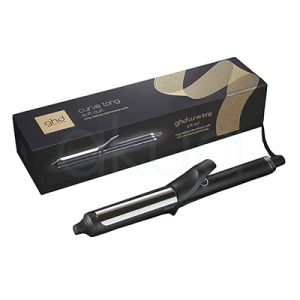 Tenacilla ghd Curve Soft Curl core color predominante negro con detalles en plateado en el barril y una banda cerca de la base H2o Akua