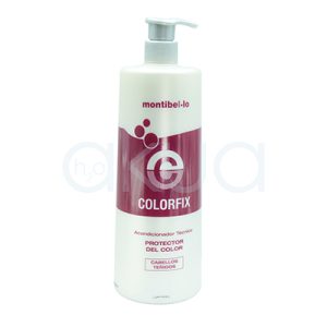 Acondicionador Montibello Colorfix 1000ml Outlet de color blanco mate y presenta una franja ancha en color burdeos (vino tinto) en la parte central, donde se ubican el logotipo y el nombre del producto. El texto y los detalles gráficos son en burdeos y blanco. El dispensador superior es de color blanco con acabado mate H2o Akua