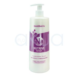 Acondicionador Montibello Nutritive Repair 1000ml Outlet de color blanco mate y presenta una franja ancha en color violeta en la parte central, donde se ubican el logotipo y el nombre del producto. El texto y los detalles gráficos son en violeta y blanco. El dispensador superior es de color blanco con acabado mate H20 Akua
