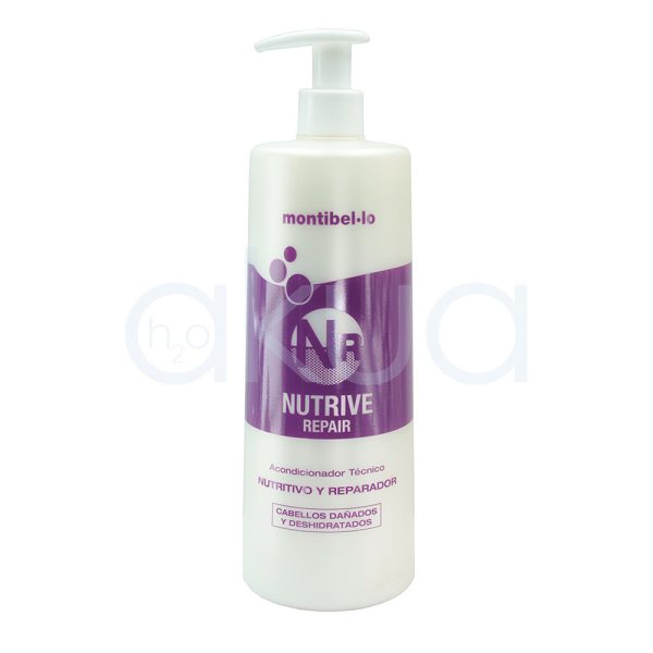 Acondicionador Montibello Nutritive Repair 1000ml Outlet de color blanco mate y presenta una franja ancha en color violeta en la parte central, donde se ubican el logotipo y el nombre del producto. El texto y los detalles gráficos son en violeta y blanco. El dispensador superior es de color blanco con acabado mate H20 Akua