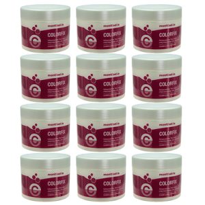 Caja 12 Mascarillas Montibello Colorfix 500ml envase de color blanco mate y presenta una franja ancha en color burdeos (vino tinto) en la parte central, donde se ubican el logotipo y el nombre del producto. El texto y los detalles gráficos son en burdeos y blanco. H2o Akua