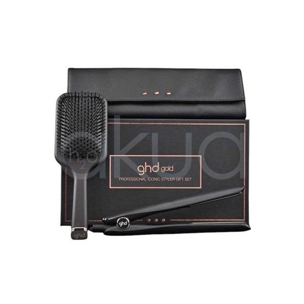 Plancha Gold gift set ghd cepillo, neceser y plancha en color principal en negro con detalles en plateado y cobre H2o Akua