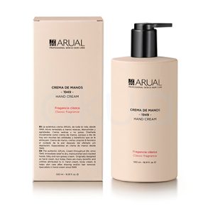 Crema de manos Arual 500ml El color predominante de la imagen es beige claro, tanto en el envase como en la caja del producto. El dispensador es de color negro mate y los textos principales aparecen en negro, con algunos detalles en rojo suave H2o Akua
