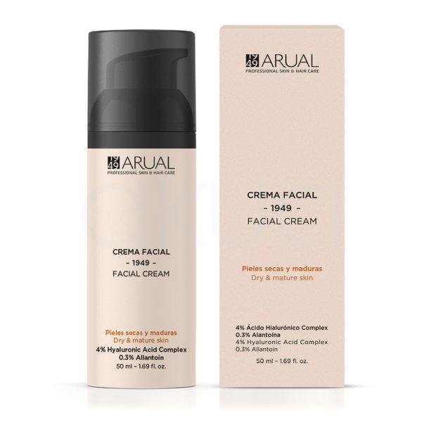 Crema Facial Arual Antiedad pieles secas y maduras el color predominante de la imagen es beige claro, presente tanto en el envase como en la caja del producto. El dispensador y la parte superior del envase son de color negro mate H2o Akua