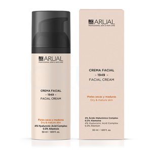 Crema Facial Arual Antiedad pieles secas y maduras el color predominante de la imagen es beige claro, presente tanto en el envase como en la caja del producto. El dispensador y la parte superior del envase son de color negro mate H2o Akua