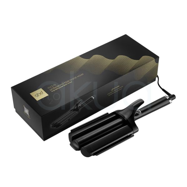 Tenacilla ghd triple Wave El color predominante es negro, con algunos detalles en color plateado, especialmente en la base del mango y alrededor del botón de encendido. El acabado es brillante, H2o Akua