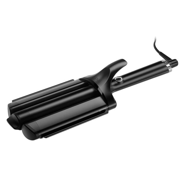 Tenacilla ghd triple Wave El color predominante es negro, con algunos detalles en color plateado, especialmente en la base del mango y alrededor del botón de encendido. El acabado es brillante, H2o Akua