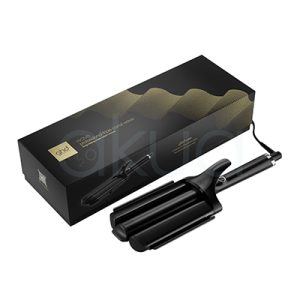 Tenacilla ghd triple Wave El color predominante es negro, con algunos detalles en color plateado, especialmente en la base del mango y alrededor del botón de encendido. El acabado es brillante, H2o Akua