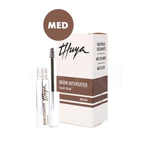 Brow intensifier MEDIUM Thuya El fondo de la caja y el envase son de color blanco. Hay una franja horizontal marrón suave en la parte inferior de la caja y en la etiqueta del envase, indicando el tono "Soft". El texto del logotipo "Thuya" y las indicaciones del producto están impresos en negro, proporcionando contraste y legibilidad. El tapón del envase es de color plateado brillante. H2o Akua