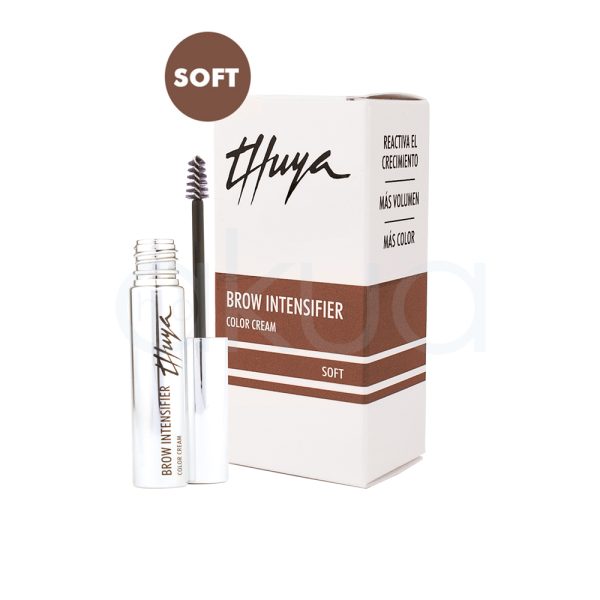 Brow intensifier SOFT Thuya El fondo de la caja y el envase son de color blanco. Hay una franja horizontal marrón suave en la parte inferior de la caja y en la etiqueta del envase, indicando el tono "Soft". El texto del logotipo "Thuya" y las indicaciones del producto están impresos en negro, proporcionando contraste y legibilidad. El tapón del envase es de color plateado brillante. H2o Akua