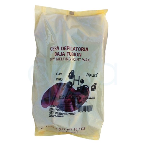 Cera H2oAkua Vino 1kg El empaque es de color amarillo palido y dependiendo del color de cera elegido varían las pastillas en su interior H2o Akua