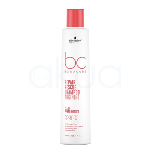 Champu Bonacure Repair rescue 250ml El envase del producto es blanco mate, tanto en el cuerpo de la botella como en la tapa. Los textos principales, incluyendo el logotipo “bc Bonacure” y la información clave del producto, están impresos en un rojo intenso que resalta sobre el fondo blanco. El logotipo de la marca Schwarzkopf Professional, ubicado en la parte superior, es de color negro. H2o Akua