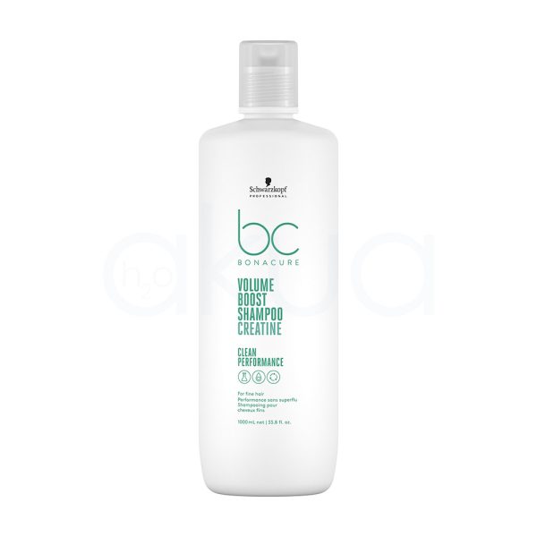 Champu Bonacure Volume Boost 1000ml El envase del producto es blanco mate tanto en el cuerpo como en la tapa. Los textos y el logotipo “bc BONACURE” están impresos en un verde turquesa brillante. El logotipo de “Schwarzkopf Professional” en la parte superior es de color negro. H2o Akua