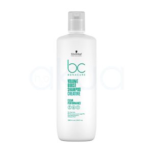 Champu Bonacure Volume Boost 1000ml El envase del producto es blanco mate tanto en el cuerpo como en la tapa. Los textos y el logotipo “bc BONACURE” están impresos en un verde turquesa brillante. El logotipo de “Schwarzkopf Professional” en la parte superior es de color negro. H2o Akua