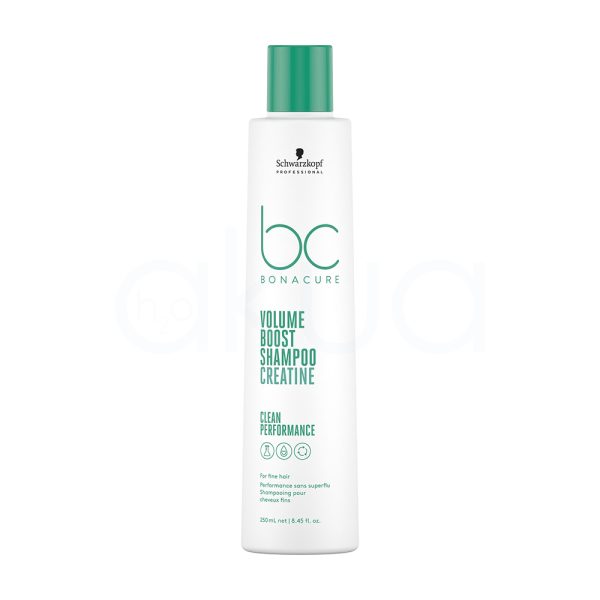 Champu Bonacure Volume Boost 250ml El envase es blanco mate en el cuerpo. La tapa, los textos, el logotipo “bc BONACURE” están impresos en un verde turquesa brillante. El logotipo de “Schwarzkopf Professional” en la parte superior es de color negro. H2o Akua
