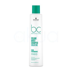 Champu Bonacure Volume Boost 250ml El envase es blanco mate en el cuerpo. La tapa, los textos, el logotipo “bc BONACURE” están impresos en un verde turquesa brillante. El logotipo de “Schwarzkopf Professional” en la parte superior es de color negro. H2o Akua
