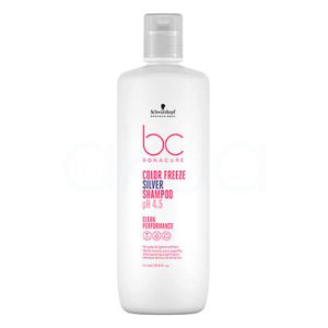 Champu Bonacure color freeze Silver 1000ml Todo el cuerpo del envase, incluida la tapa, es de un blanco sólido y opaco. El logotipo “bc” y varios textos importantes están impresos en un tono rosa fucsia llamativo, destacando sobre el fondo blanco. Algunas palabras, como “SILVER,” aparecen en un azul metálico brillante, aportando un contraste visual y indicando el propósito del producto. El logotipo de la marca Schwarzkopf Professional y otros detalles pequeños también están en negro. H2o Akua