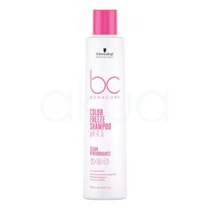 Champu Bonacure color freeze Silver 250ml Todo el cuerpo del envase, incluida la tapa, es de un blanco sólido y opaco. El logotipo “bc” y varios textos importantes están impresos en un tono rosa fucsia llamativo, destacando sobre el fondo blanco. Algunas palabras, como “SILVER,” aparecen en un azul metálico brillante, aportando un contraste visual y indicando el propósito del producto. El logotipo de la marca Schwarzkopf Professional y otros detalles pequeños también están en negro. H2o Akua