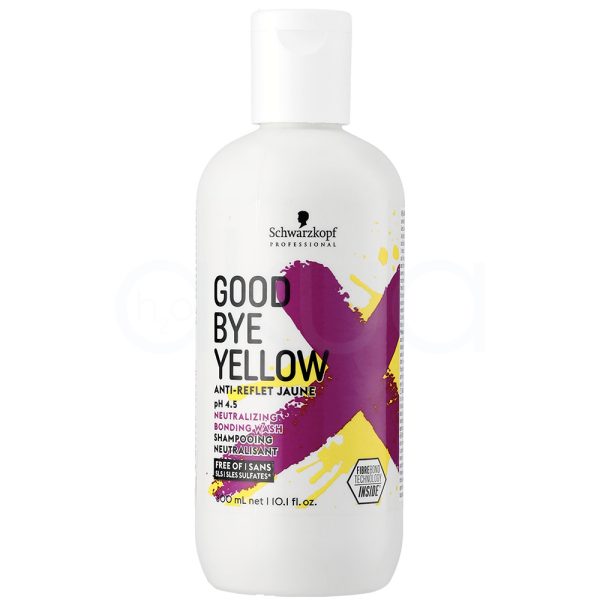 Champu Good bye yellow 300ml Schwarzkopf La botella completa es de color blanco, lo que transmite una sensación de limpieza y neutralidad. Amarillo: Hay detalles en amarillo distribuidos en forma de salpicaduras y en parte de las letras, aportando un toque vibrante y destacando el propósito del producto (neutralizar tonos amarillos). Morado: Un gran aspa o “X” ocupa el centro del diseño en un tono morado intenso, lo que le da un aspecto vistoso y moderno. Negro: Se utilizan letras en color negro para la mayoría del texto informativo en la etiqueta, facilitando la lectura. Detalles menores en gris y violeta: Presentes en algunos textos y elementos gráficos secundarios. H2o Akua