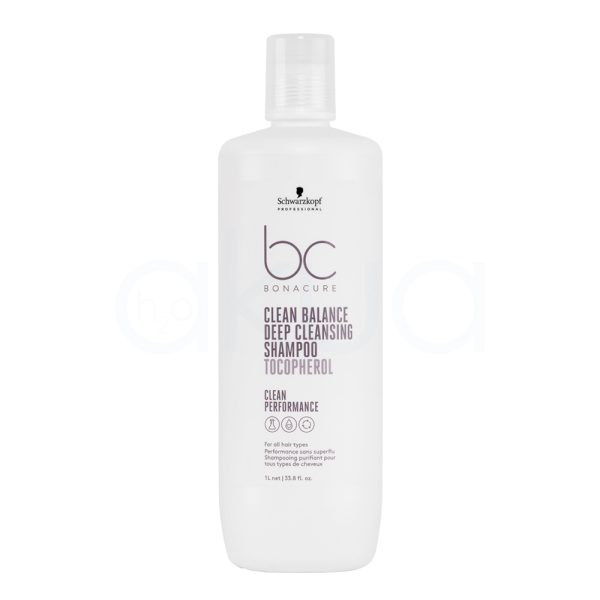 Champu bonacure Deep cleansing 1000ml El envase del producto es blanco mate tanto en el cuerpo como en la tapa. Los textos principales, incluidas la marca y la información relevante (“bc BONACURE”, “Clean Balance Deep Cleansing Shampoo Tocopherol”), están impresos en un morado claro H2o Akua