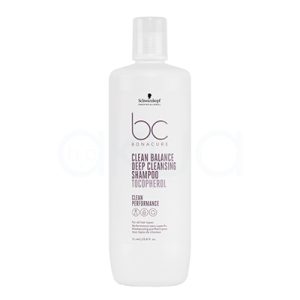 Champu bonacure Deep cleansing 1000ml El envase del producto es blanco mate tanto en el cuerpo como en la tapa. Los textos principales, incluidas la marca y la información relevante (“bc BONACURE”, “Clean Balance Deep Cleansing Shampoo Tocopherol”), están impresos en un morado claro que resalta de manera elegante sobre el fondo blanco
