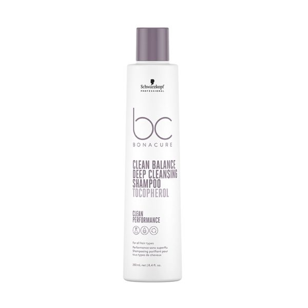 Champu bonacure Deep cleansing 250ml El envase del producto es blanco mate tanto en el cuerpo como en la tapa. Los textos principales, incluidas la marca y la información relevante (“bc BONACURE”, “Clean Balance Deep Cleansing Shampoo Tocopherol”), están impresos en un morado claro que resalta de manera elegante sobre el fondo blanco. H2o Akua