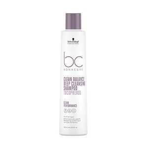 Champu bonacure Deep cleansing 250ml El envase del producto es blanco mate tanto en el cuerpo como en la tapa. Los textos principales, incluidas la marca y la información relevante (“bc BONACURE”, “Clean Balance Deep Cleansing Shampoo Tocopherol”), están impresos en un morado claro que resalta de manera elegante sobre el fondo blanco. H2o Akua