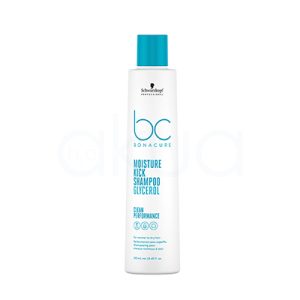 Champu hidratante Bonacure Moisture Kick 250ml El envase del producto en la imagen es blanco mate como tono principal tanto en el cuerpo como en la tapa. Los textos y gráficos utilizan un azul turquesa brillante para el logotipo, el nombre del producto y la mayoría de la información destacada. El logotipo de la marca aparece en negro en la parte superior. H2o Akua