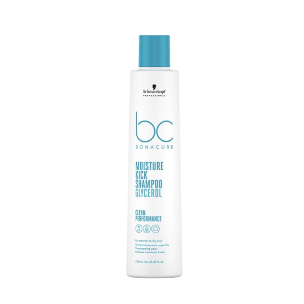 Champu hidratante Bonacure Moisture Kick 250ml El envase del producto en la imagen es blanco mate como tono principal tanto en el cuerpo como en la tapa. Los textos y gráficos utilizan un azul turquesa brillante para el logotipo, el nombre del producto y la mayoría de la información destacada. El logotipo de la marca aparece en negro en la parte superior. H2o Akua