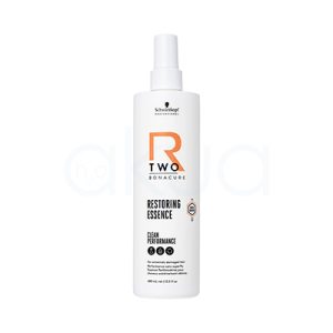 Esencia restauradora Bonacure R-TWO 400ml El color predominante del envase es blanco. Los textos y elementos gráficos incluyen detalles en negro (para la información), un logotipo en negro y un elemento decorativo llamativo en naranja (letra "R" y algunos detalles geométricos). La tapa del envase también es de color blanco translúcido y mate. H2o Akua