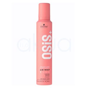 Espuma Air whip osis 200ml Todo el cuerpo del envase es de un tono rosa salmón. El texto principal están impresas en blanco, lo que contrasta y resalta sobre el fondo rosa. El logotipo de la marca “Schwarzkopf Professional” aparece en negro, situado cerca de la parte superior del envase. Otros textos e indicaciones, como el nivel de fijación y el modo de uso, también están en blanco. H2o Akua