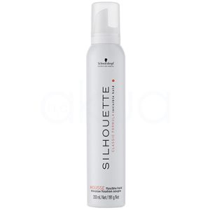 Espuma Silhouette blanca flexible Schwarzkopf 200ml El envase es de color blanco mate, con detalles en negro y naranja. El nombre y la marca (“Schwarzkopf Professional Silhouette”) aparecen en letras negras, mientras que la palabra “MOUSSE” y el subtítulo “CLASSIC FORMULA” están en naranja. El diseño es vertical y minimalista, con el tapón blanco translúcido. H2o Akua