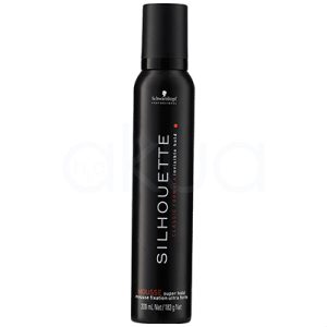 Espuma Silhouette extra fuerte Schwarkopf 200ml El envase es de color negro mate con detalles en blanco y naranja. El nombre y la marca aparecen en letras blancas, mientras que “CLASSIC FORMULA” y “HAIRSPRAY super hold” están resaltados en naranja. El tapón también es negro. H2o Akua