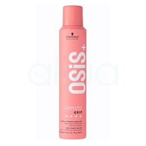 Espuma fijacion fuerte Grip osis 200ml Todo el cuerpo del envase es de un tono rosa salmón, que le da un aspecto moderno y llamativo. El texto principal están impresas en blanco, lo que contrasta y resalta sobre el fondo rosa. El logotipo de la marca “Schwarzkopf Professional” aparece en negro, situado cerca de la parte superior del envase. Otros textos e indicaciones, como el nivel de fijación y el modo de uso, también están en blanco. H2o Akua